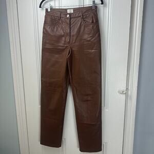 Aritzia Wilfred Melina Pants Womens 4 Brown Faux Leather Cognac Mid Rise *Flaws